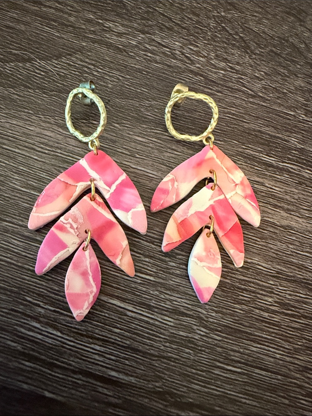 Handmade clay Pink Marbled Leaf Dangle Earrings - Gold Tone